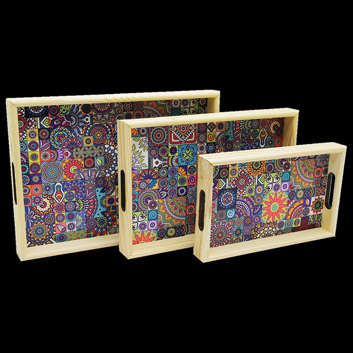 3 Boy Ahşap Tepsi Desenli Zemin 16x26 - 21x31 - 24x34cm