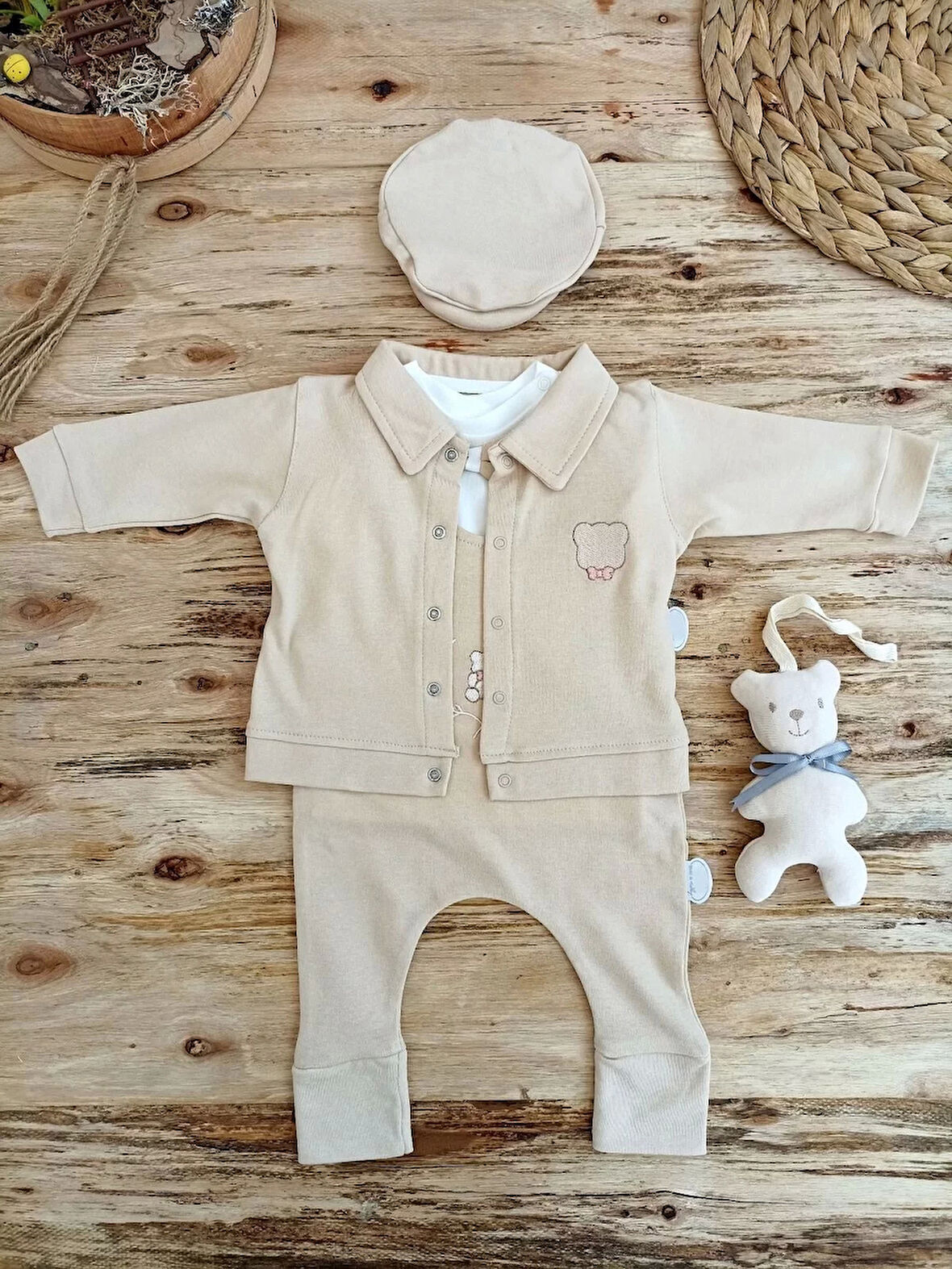 3-6 6-9 9-12 Ay Oyuncaklı Altınbaşak 5li Kız Erkek Bebek Takımı Vizon