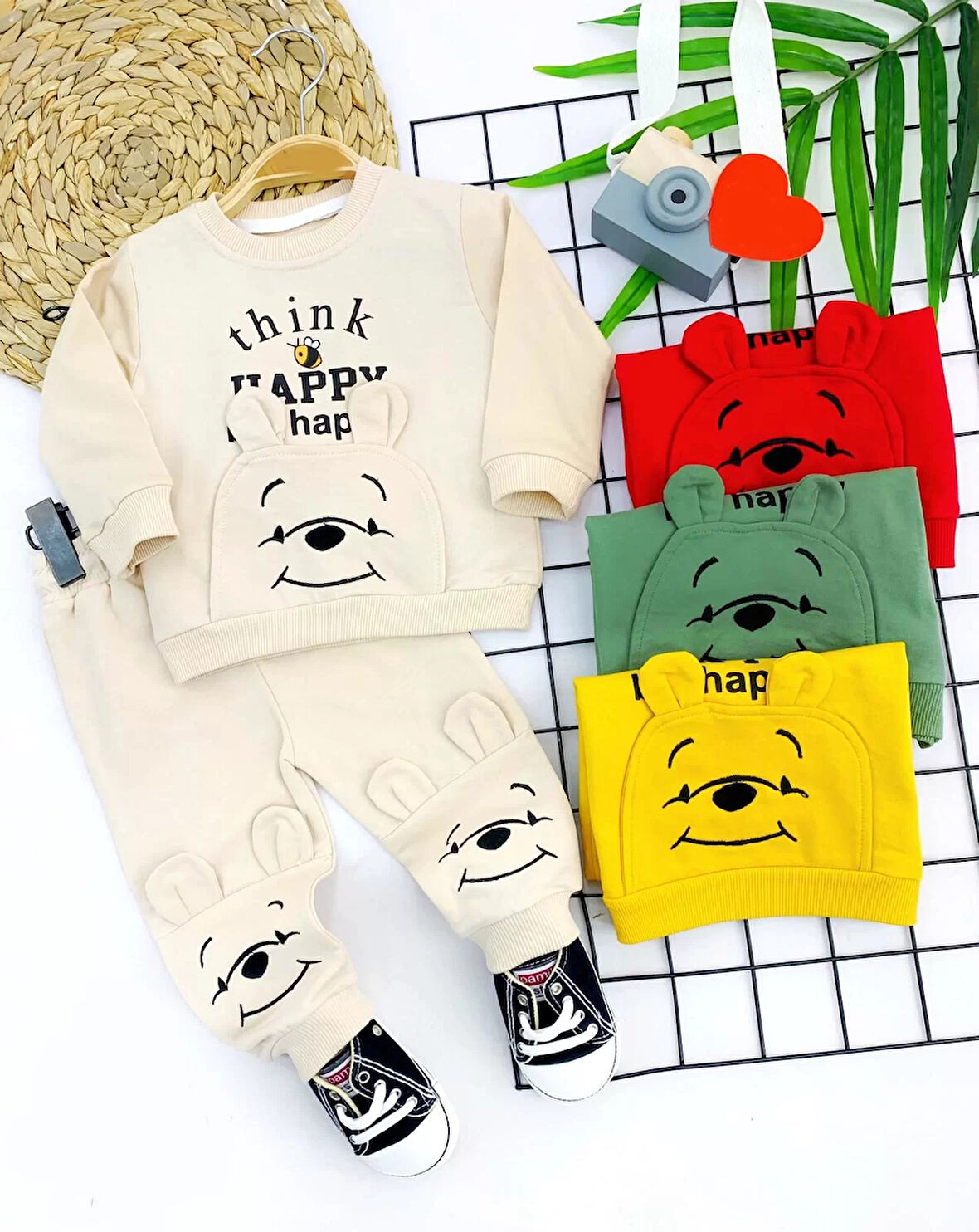 9-12-18-24 Ay Pohh Desenli Uzun Kollu Sweat 2li Kız Erkek Bebek Takımı Sarı