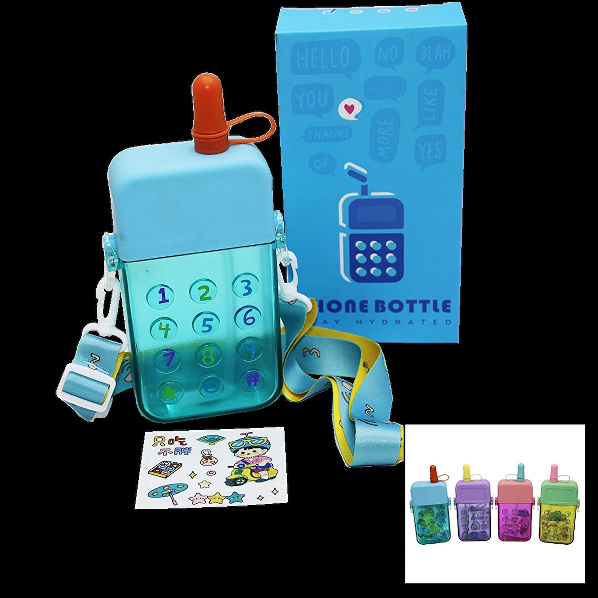 Telefon Modeli Renkli Mika Kristal Suluk Matara Pipetli - Vidalı Kapak - Askılı 300ml