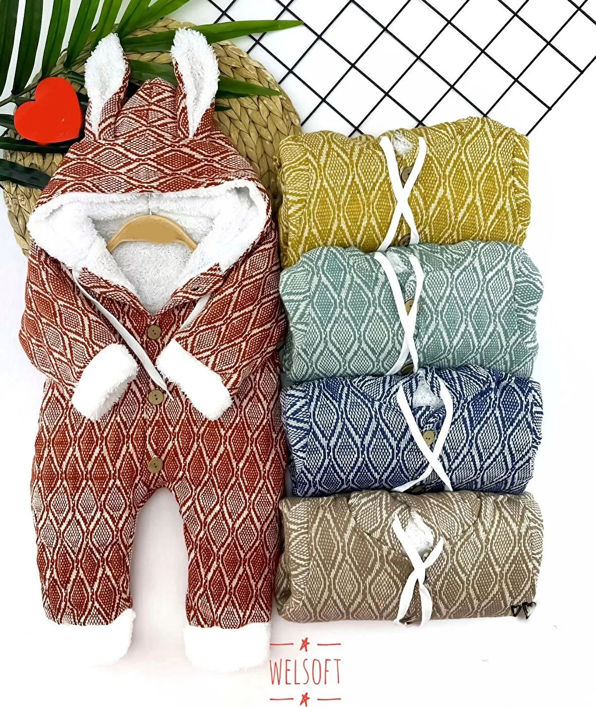 9-12-18-24 Ay Düğme Kapamalı Kulaklı Kapşonlu Motif Desenli Örme Kumaş Kız Erkek Bebek Tulumu Lacivert