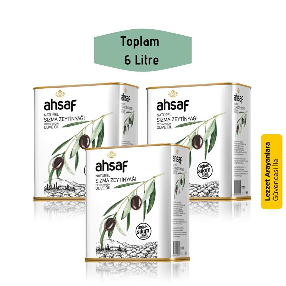 Ahsaf Soğuk Sıkım Sızma Zeytinyağı 3 x 2 lt Teneke 