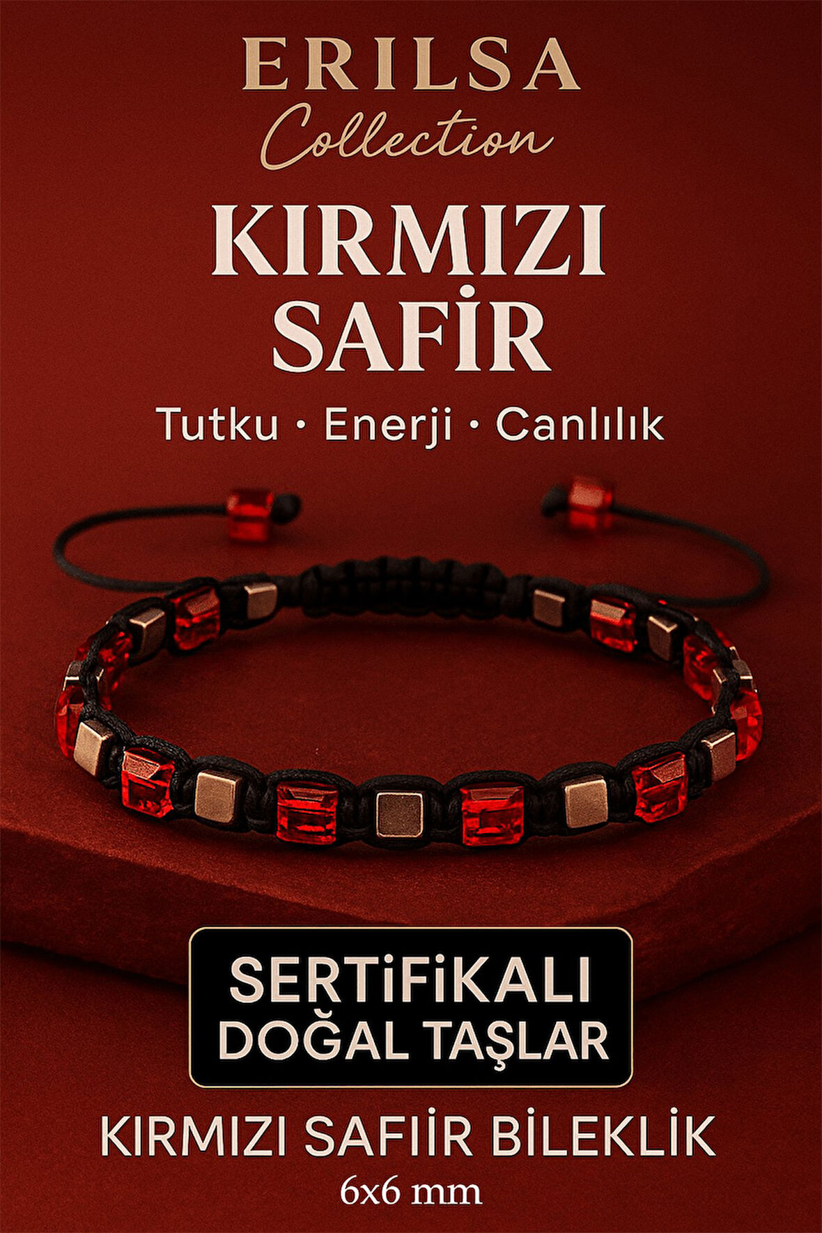 Sertifikalı Doğal Terahertz - Kırmızı Safir Taşı Bileklik 6x6 mm - Tutku ve Güç Taşı