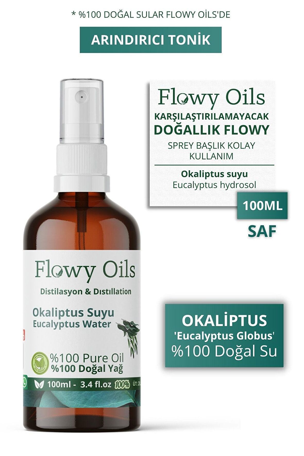 Okaliptus Suyu Arındırıcı Tonik Cam Şişe %100 Tam Saf Doğal Yağlı Distilasyon Hidrosöl Suyu 100ml