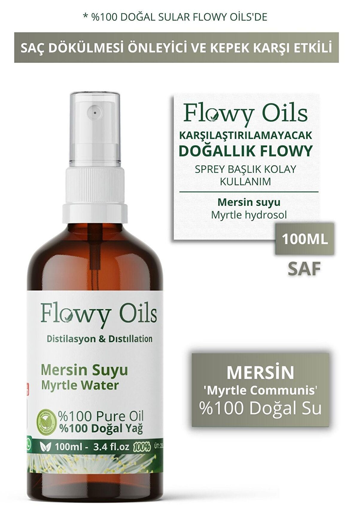 Mersin Suyu Cam Şişe %100 Tam Saf Doğal Yağlı Distilasyon Hidrosöl Suyu Myrtle Hydrosol 100ml