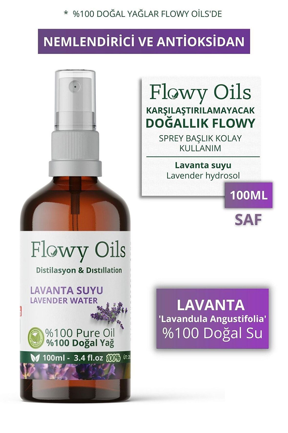 Lavanta Suyu Nemlendirici Ve Antioksidan Cam Şişe %100 Tam Saf Doğal Yağ Distilasyon Hidrosöl 100ml