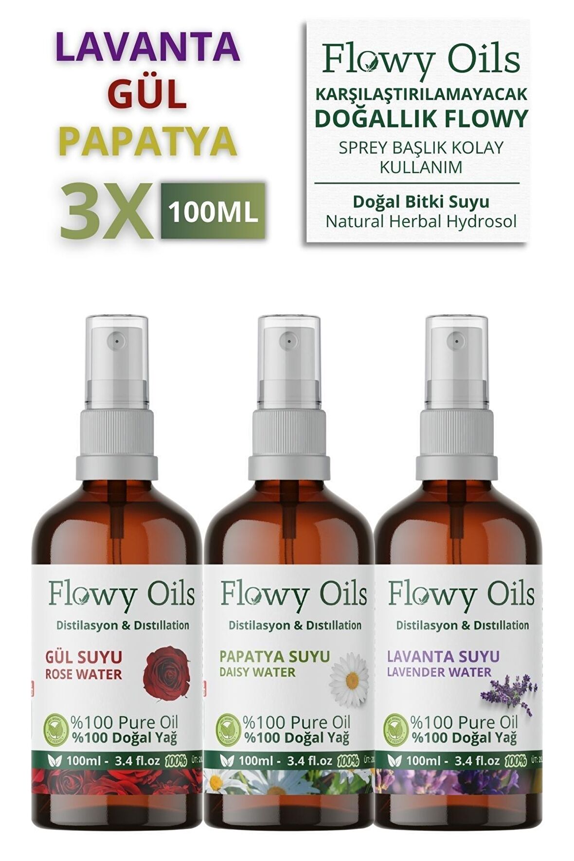 Gül Suyu, Lavanta Suyu, Papatya Suyu Cam Şişe %100 Tam Saf Doğal Yağlı Su 100ml
