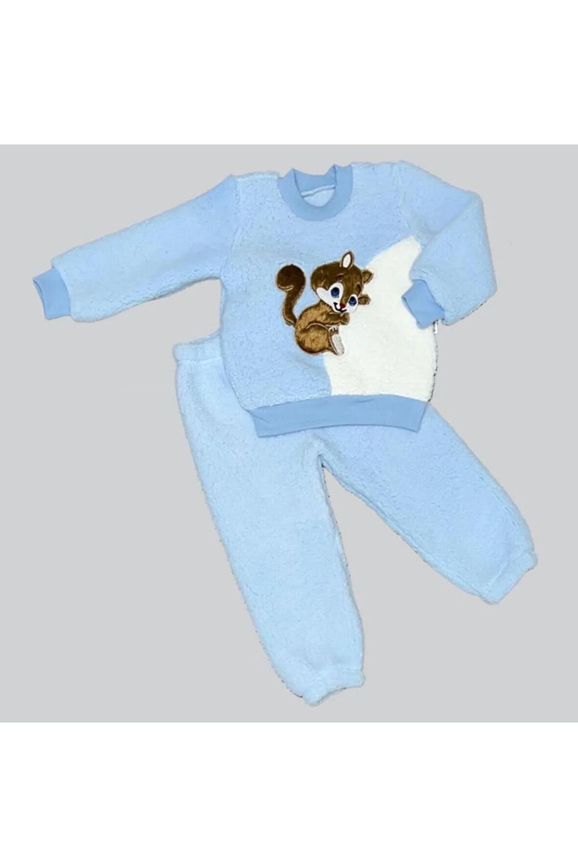1-2-3 Yaş Masum Yavru Sincap Nakışlı Kuzu Kumaş Sweat Pantolon 2li Kız Erkek Bebek Takımı