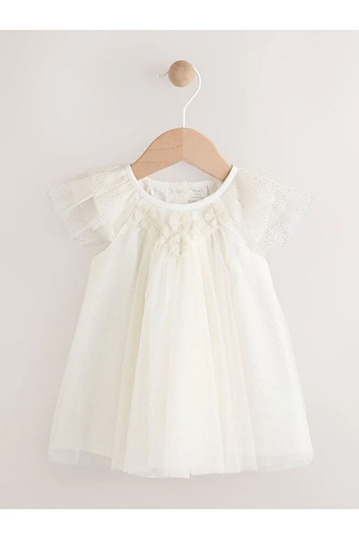 Beyaz File Simli Fırfırlı Omuz Bebek Elbisesi
