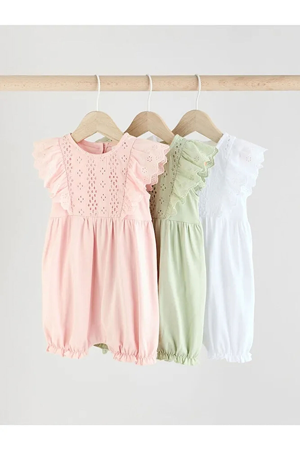 %100 Pamuklu Sage Green Dantel Detaylı 3'lü Romper Set