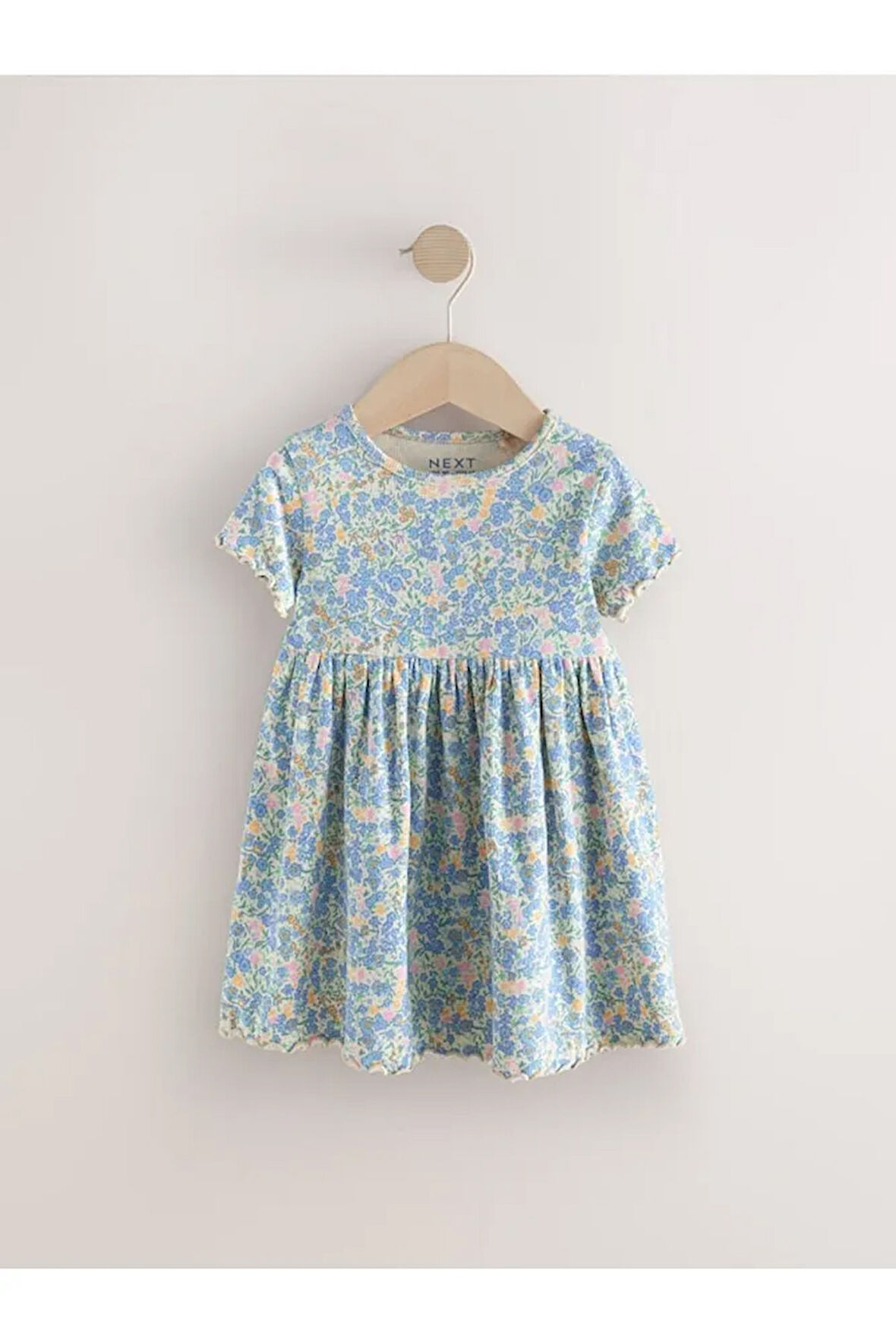 % 100 Pamuklu Mavi Kısa Kollu Çiçek Desenli Kısa Kollu Elbise