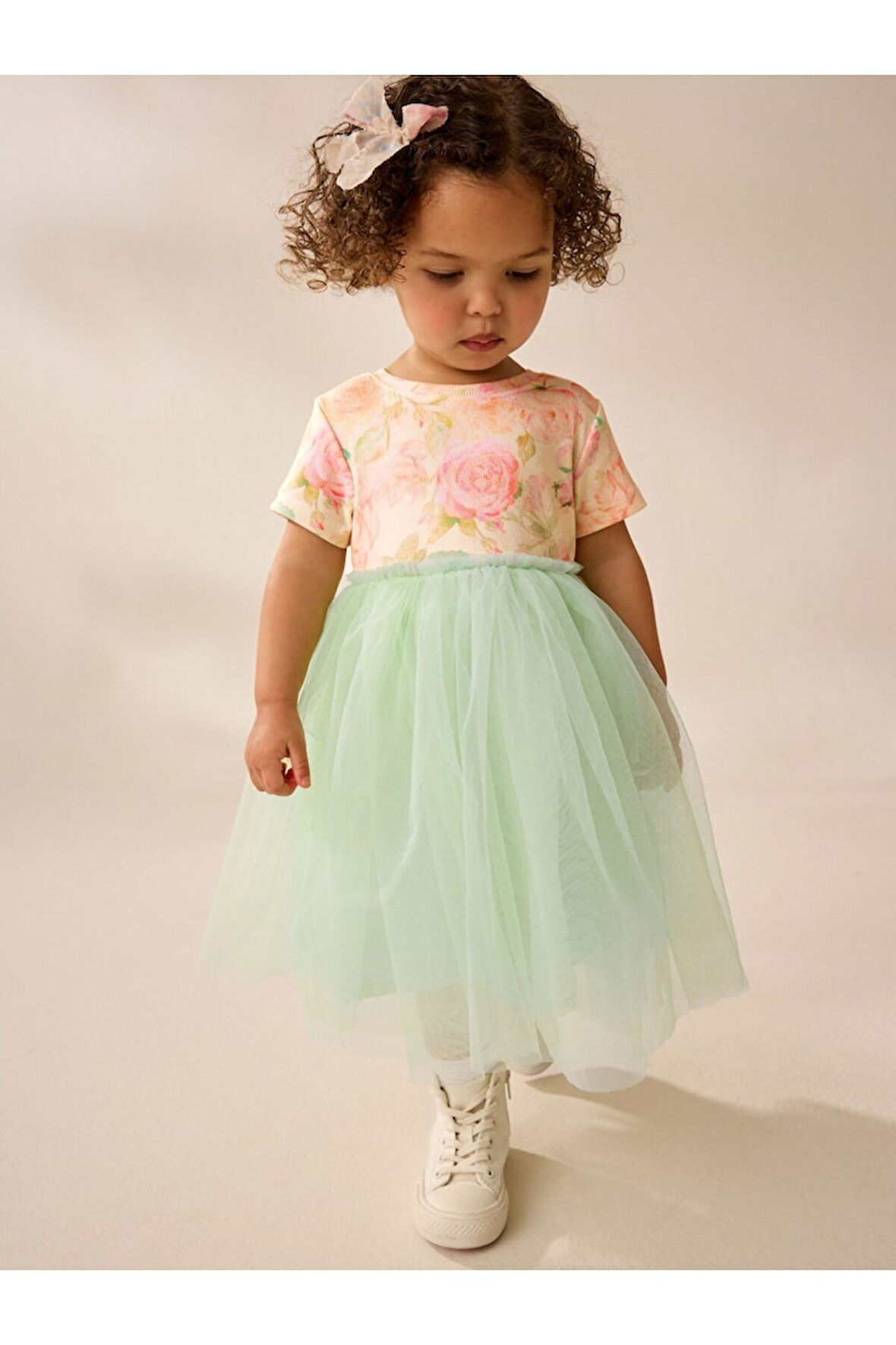 Next Baby Pamuklu Sage Green Floral Kısa Kollu Tütülü Elbise