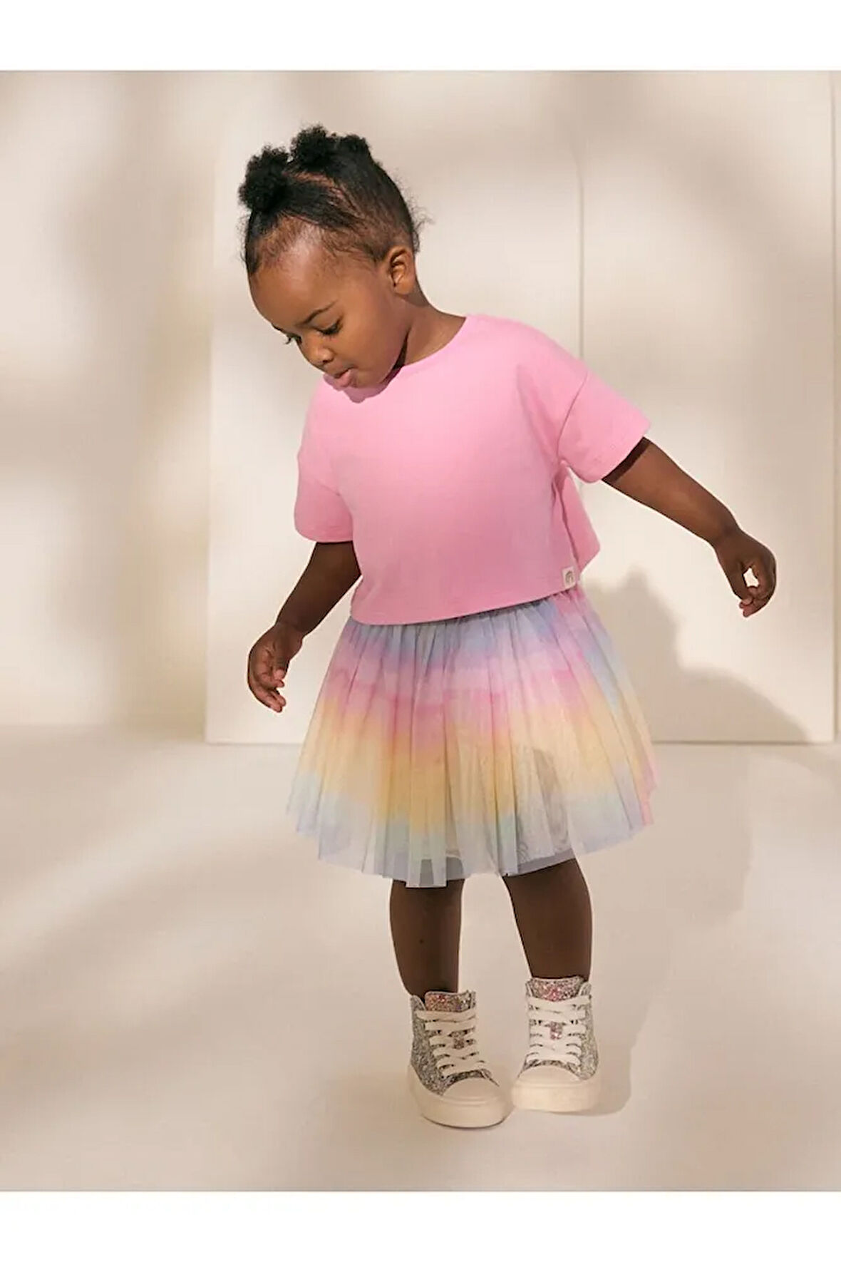 Pamuklu Pembe Gökkuşağı Tütülü Etek Thsirt Alt Üst Takım