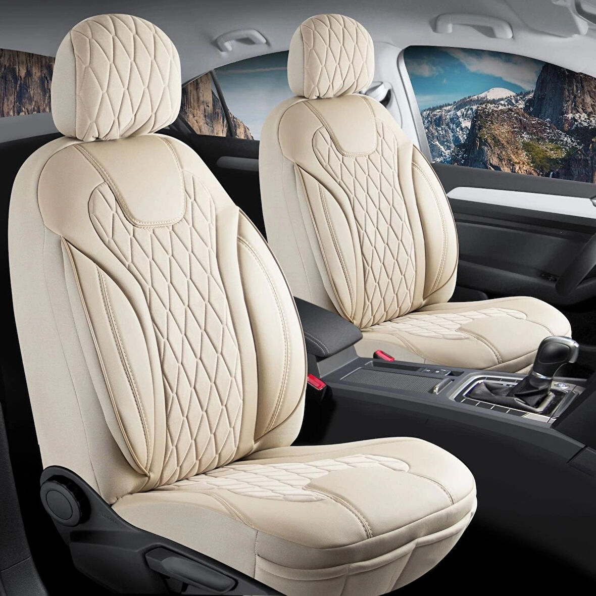 Volkswagen Tiguan AllSpace Uyumlu Lüx Yarı Deri Oto Koltuk Kılıfı Ön Arka Takım Yeni Siena BEJ