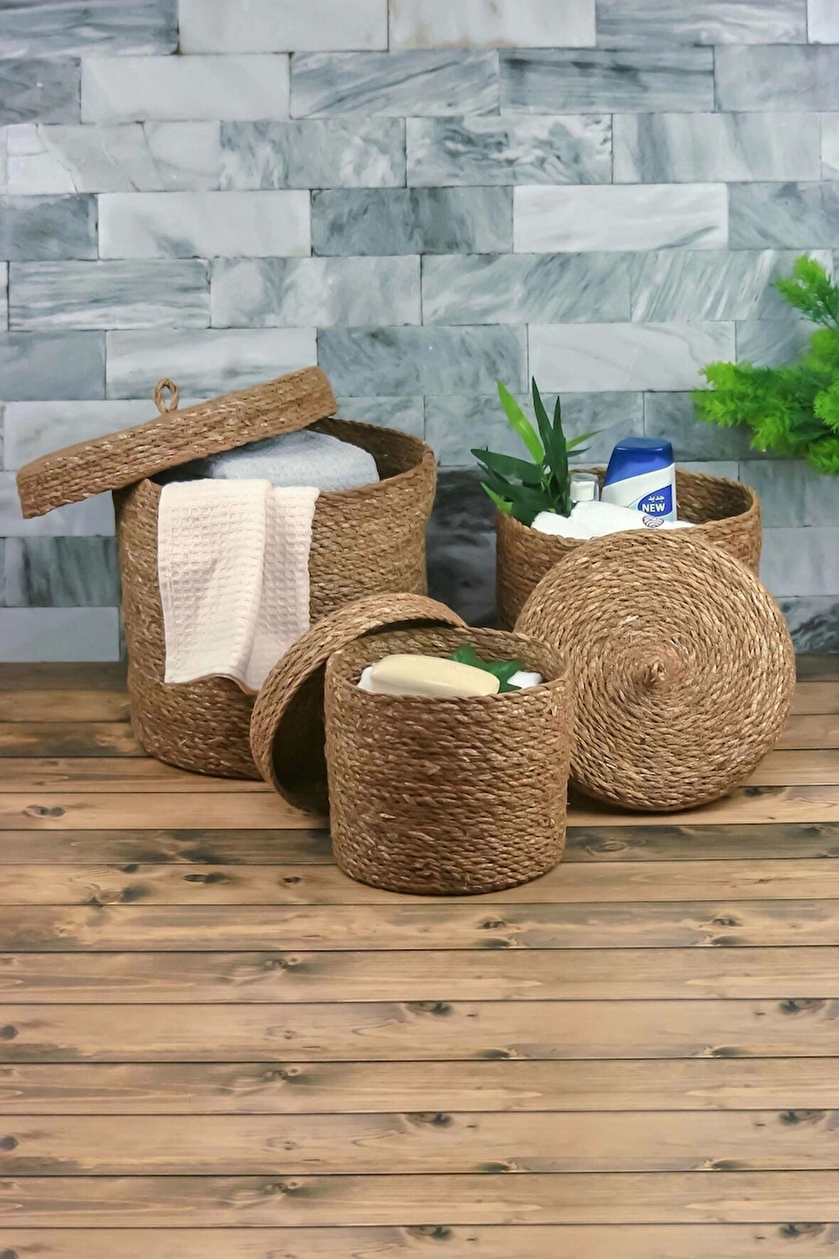 Arleen - 3'lü Dekoratif El Örmesi Kapaklı Hasır Sepet Seti, Organizer, Düzenleyici, Saklama Kutusu