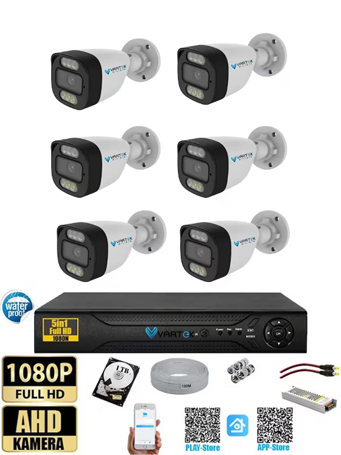 6 Kameralı 1TB HDD Güvenlik Kamera Seti 5MP 1080p Full HD Tam Renkli Gece Görüş DVR Kayıt Cihazlı Tak Çalıştır Sistem