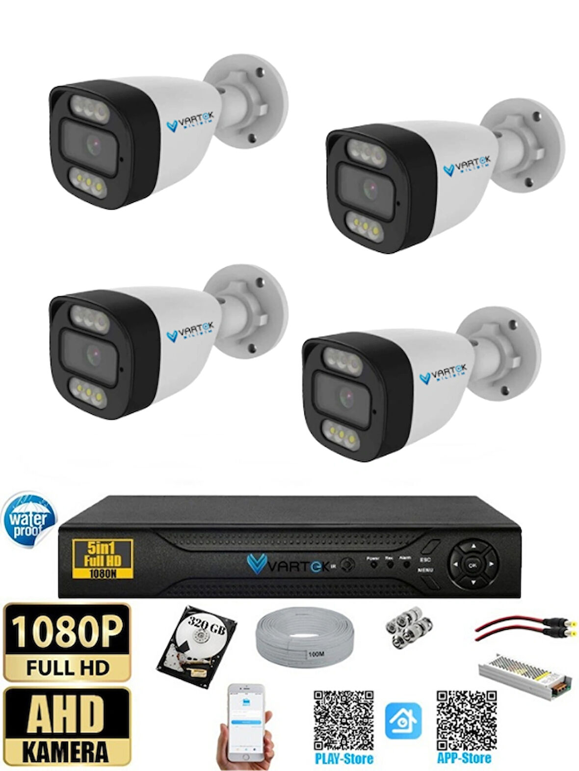 4 Kameralı 320GB HDD Güvenlik Kamera Seti 5MP 1080p Full HD Tam Renkli Gece Görüş DVR Kayıt Cihazlı Tak Çalıştır Sistem