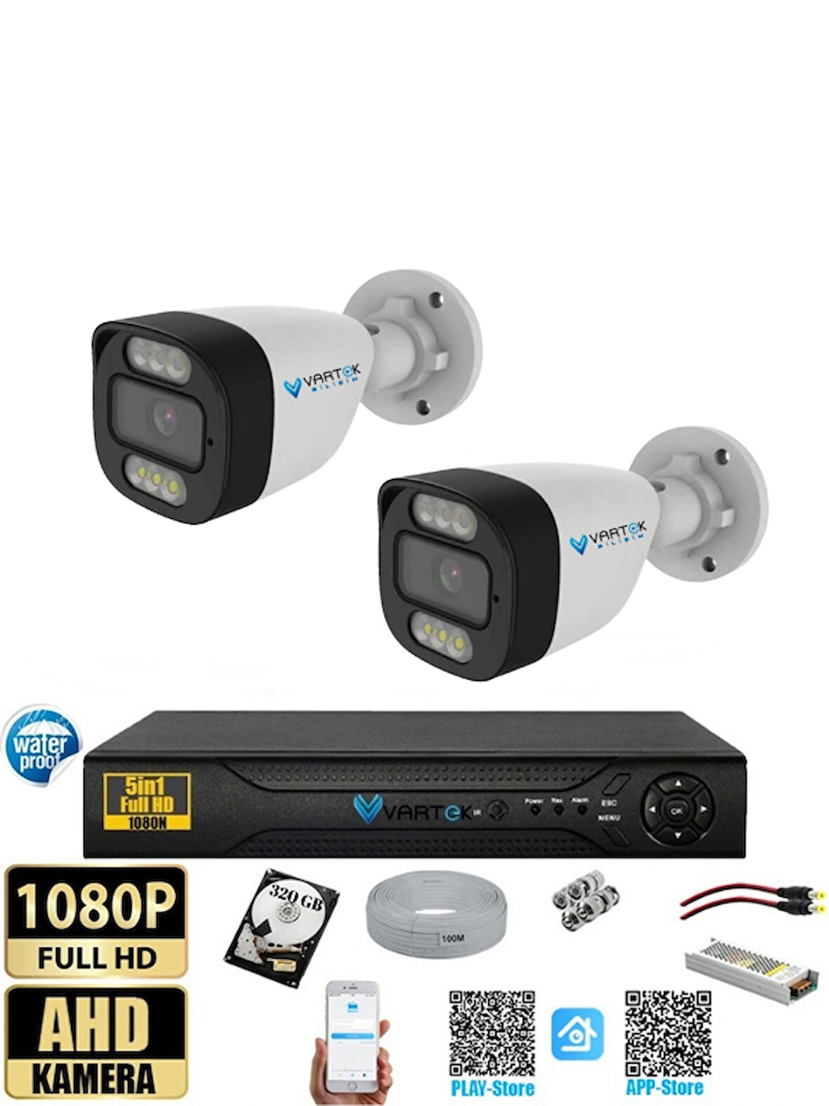 2 Kameralı 320GB HDD Güvenlik Kamera Seti 5MP 1080p Full HD Tam Renkli Gece Görüş DVR Kayıt Cihazlı Tak Çalıştır Sistem