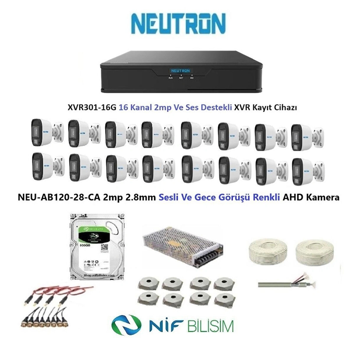 Neutron 2mp 16 kameralı Gece Renkli Sesli Dış ortam AHD Full Kamera Seti 500GB Disk NEU-AB120-28-CA