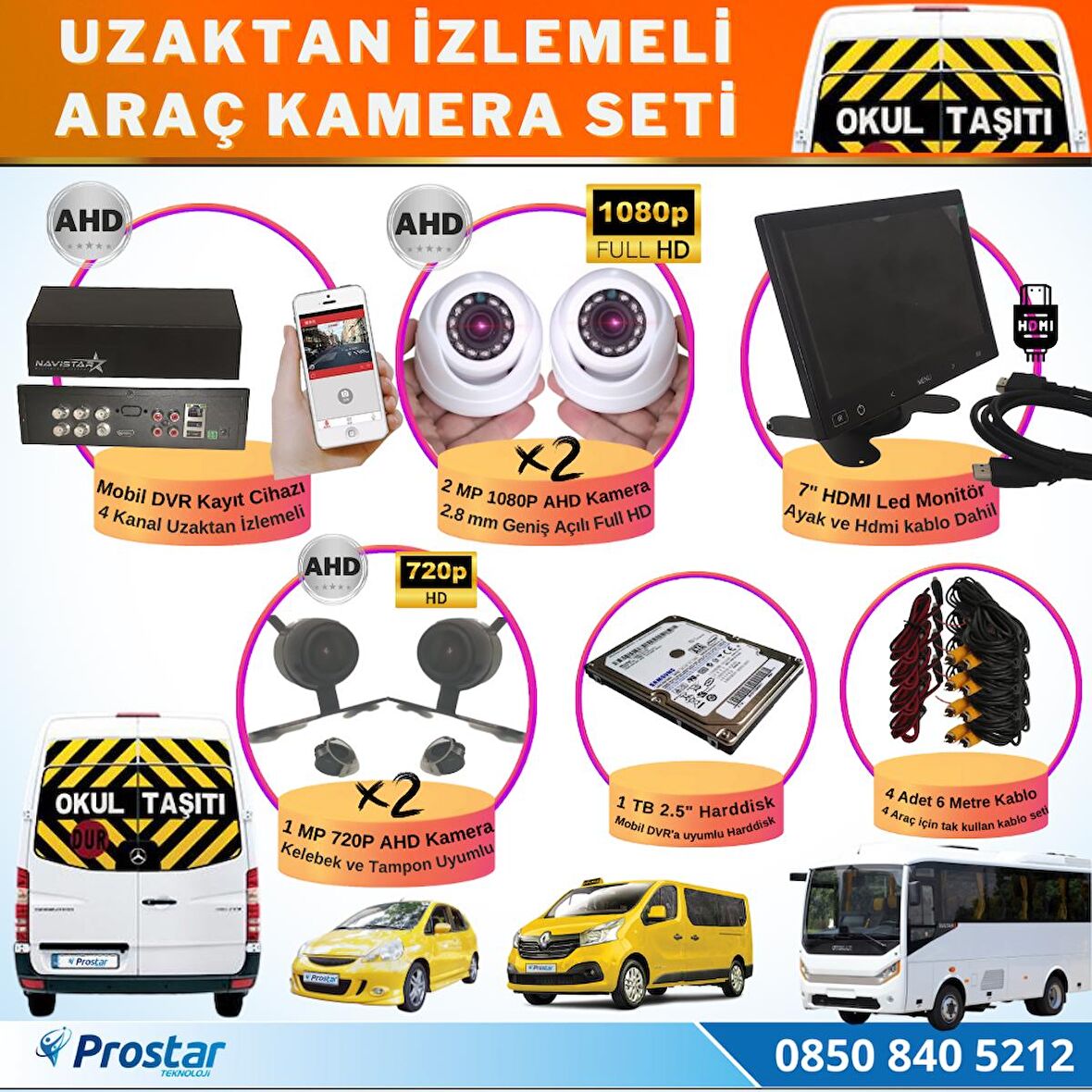 Full AHD Araç Kamera Seti 4 Kameralı 1 TB Harddisk Dahil Kayıtlı 7 inç Hdmi Ekranlı 