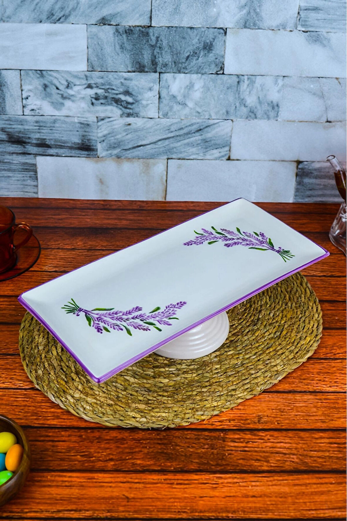 Lavender - Seramik Ayaklı Baton Servis Sunum Tabağı - Çok Renkli 34 cm