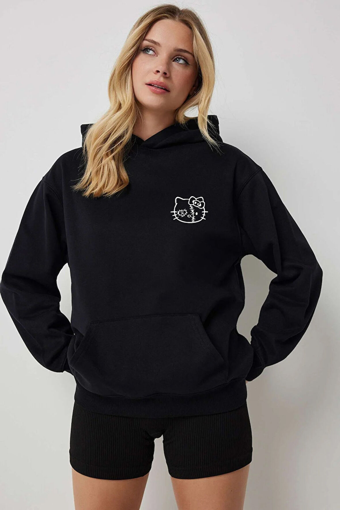 Pamuklu Kadın Kapüşonlu Kanguru Cepli Oversize Sweatshirt Hoodie Small Kitty Face