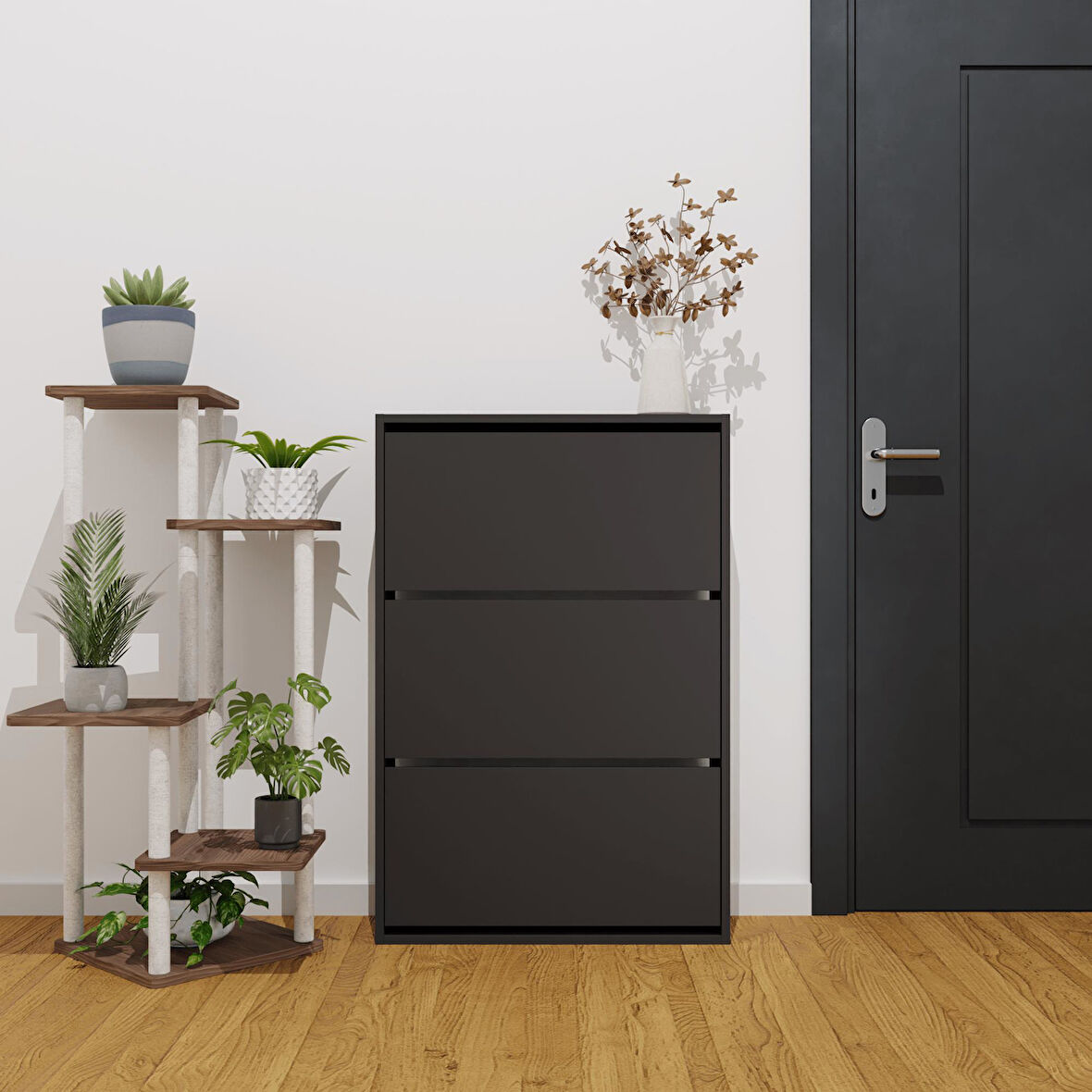 Düşer Kapak Ayakkabılık Kayar Raflı Ayakkabılık 3 Bölmeli