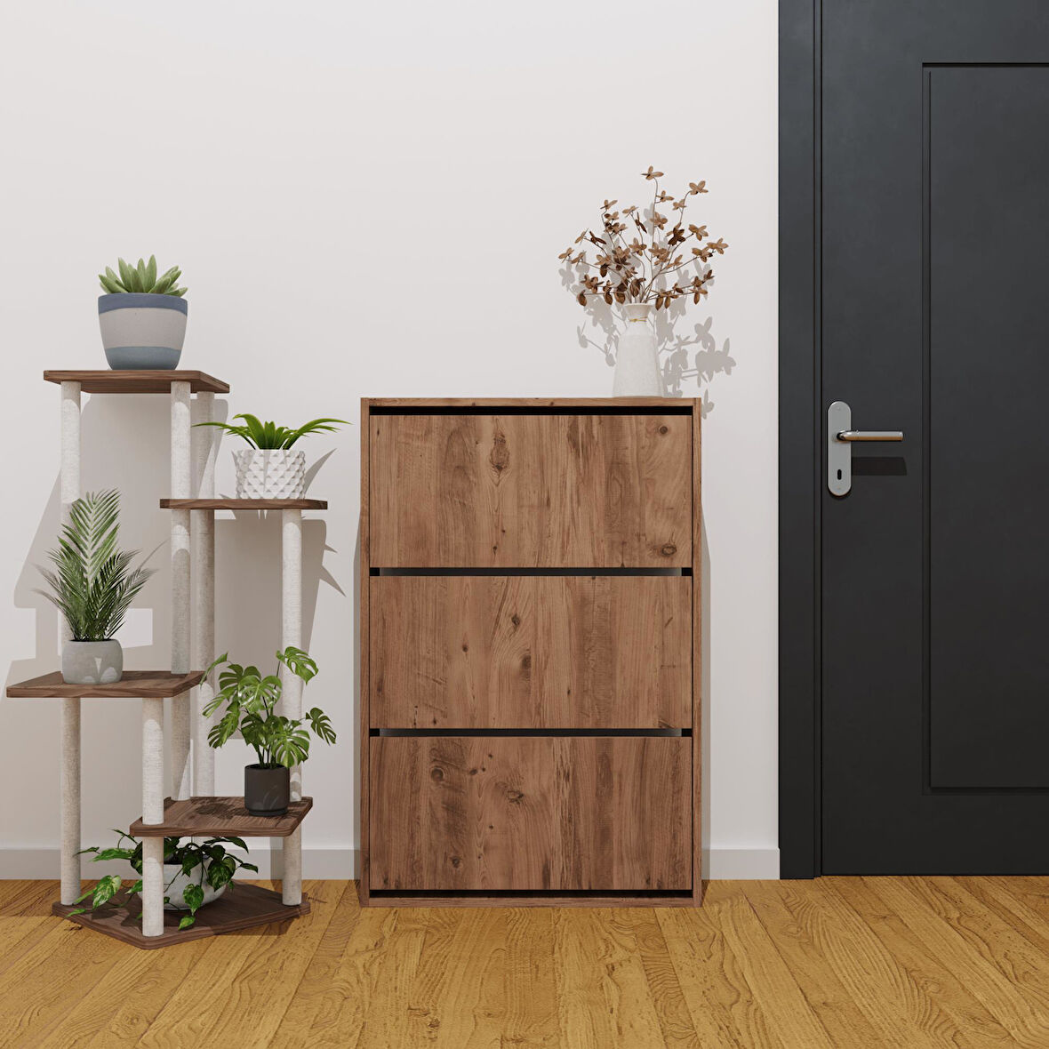 Düşer Kapak Ayakkabılık Kayar Raflı Ayakkabılık 3 Bölmeli