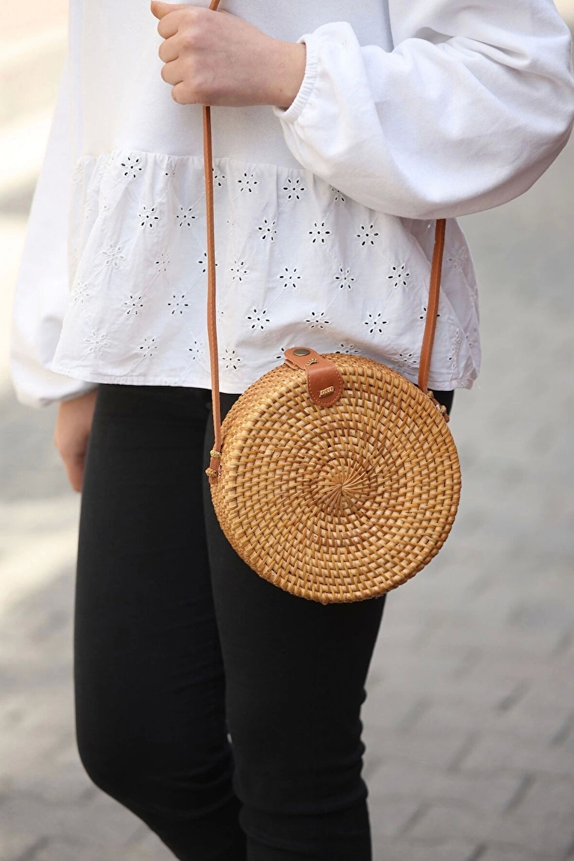 Daphne - Rattan El Yapımı Deri Askılı Hasır Omuz Çantası