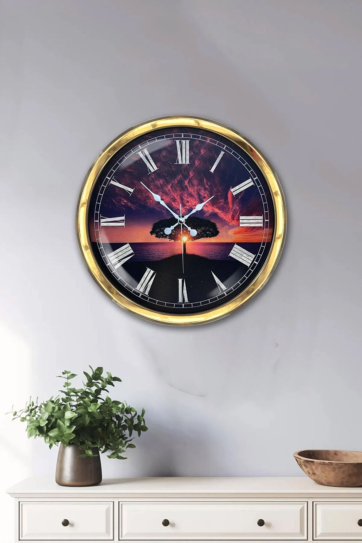 Dekoratif 40 Cm Gold Metal Ağaç Duvar Saati