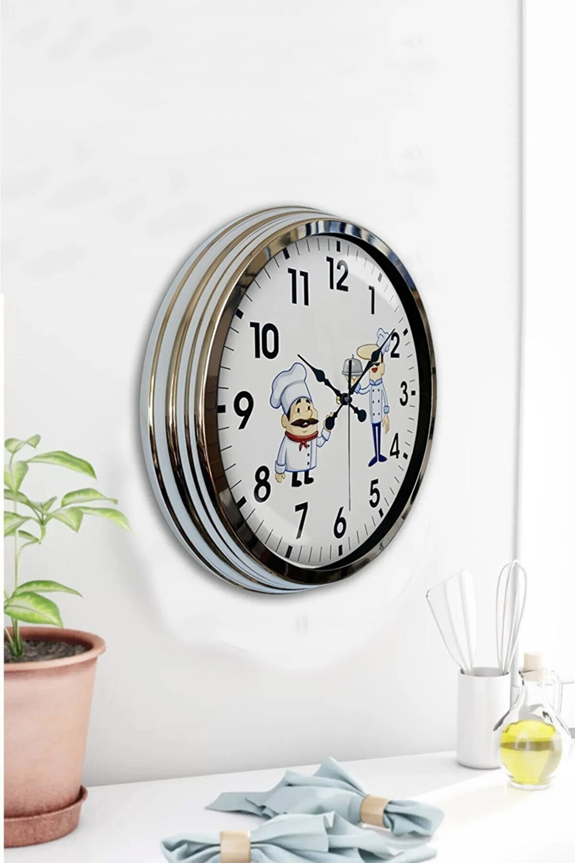 Hediyelik Saat Dekoratif 40 Cm Krom Metal Aşçı Duvar Saati