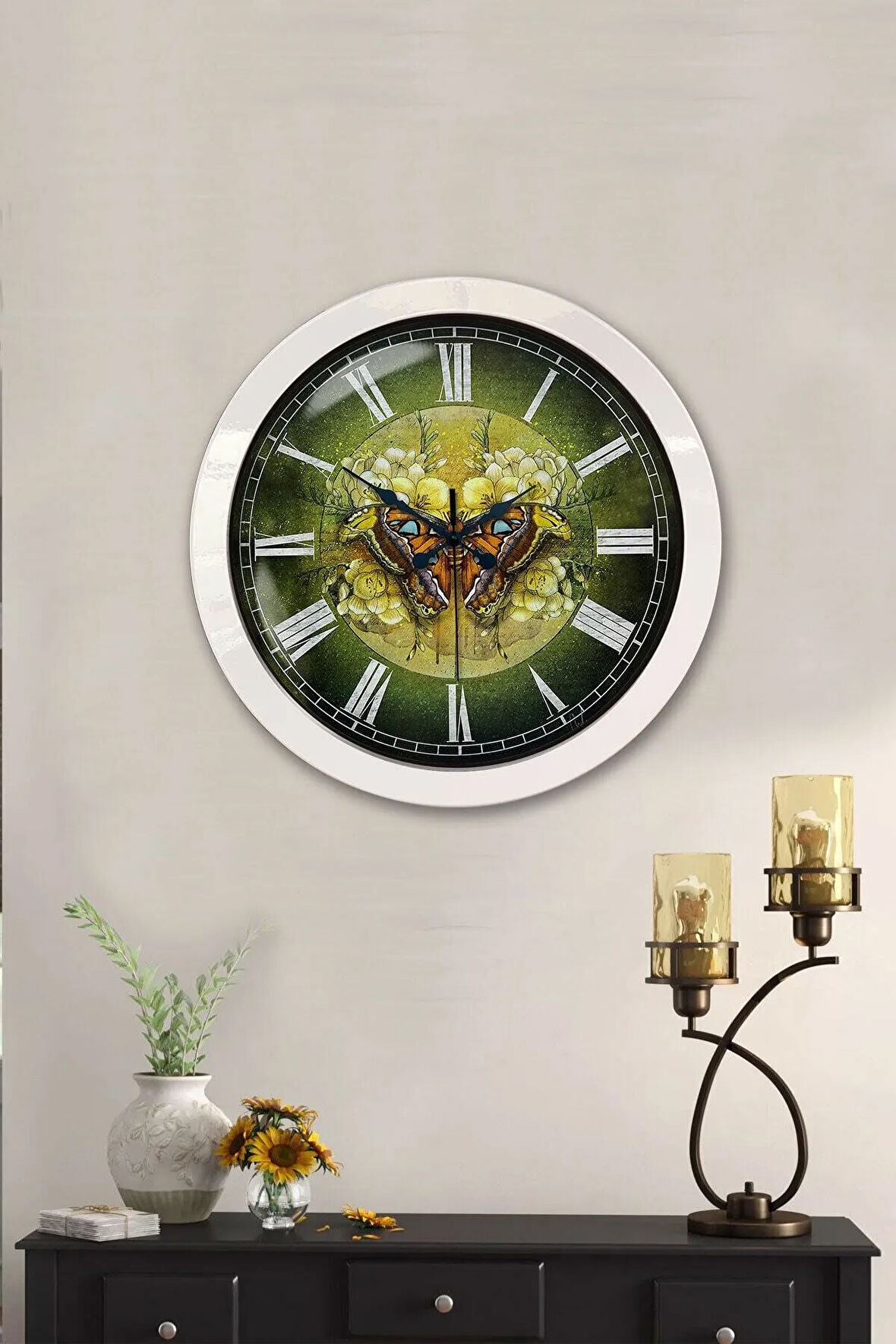 Hediyelik 36 Cm Beyaz Metal Kelebek Duvar Saati
