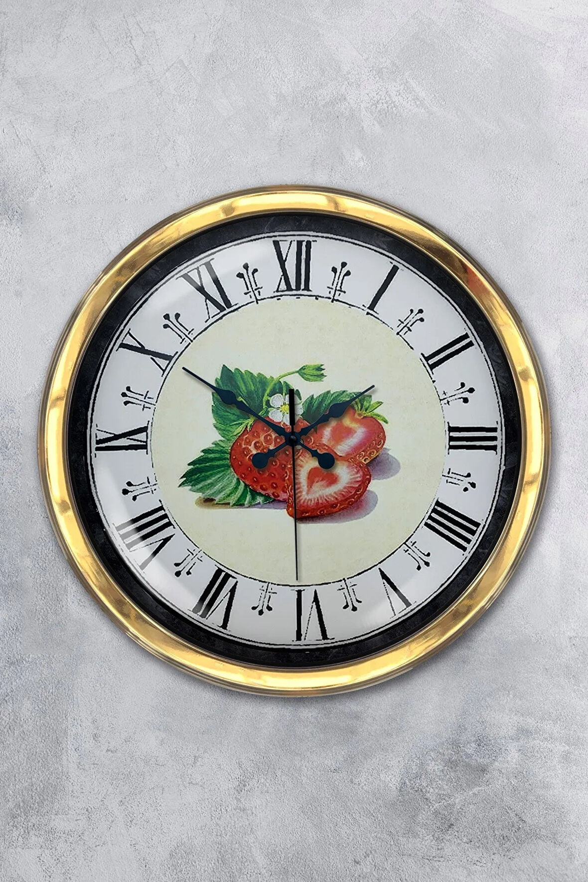 Hediyelik 40 Cm Gold Metal Çilek Duvar Saati