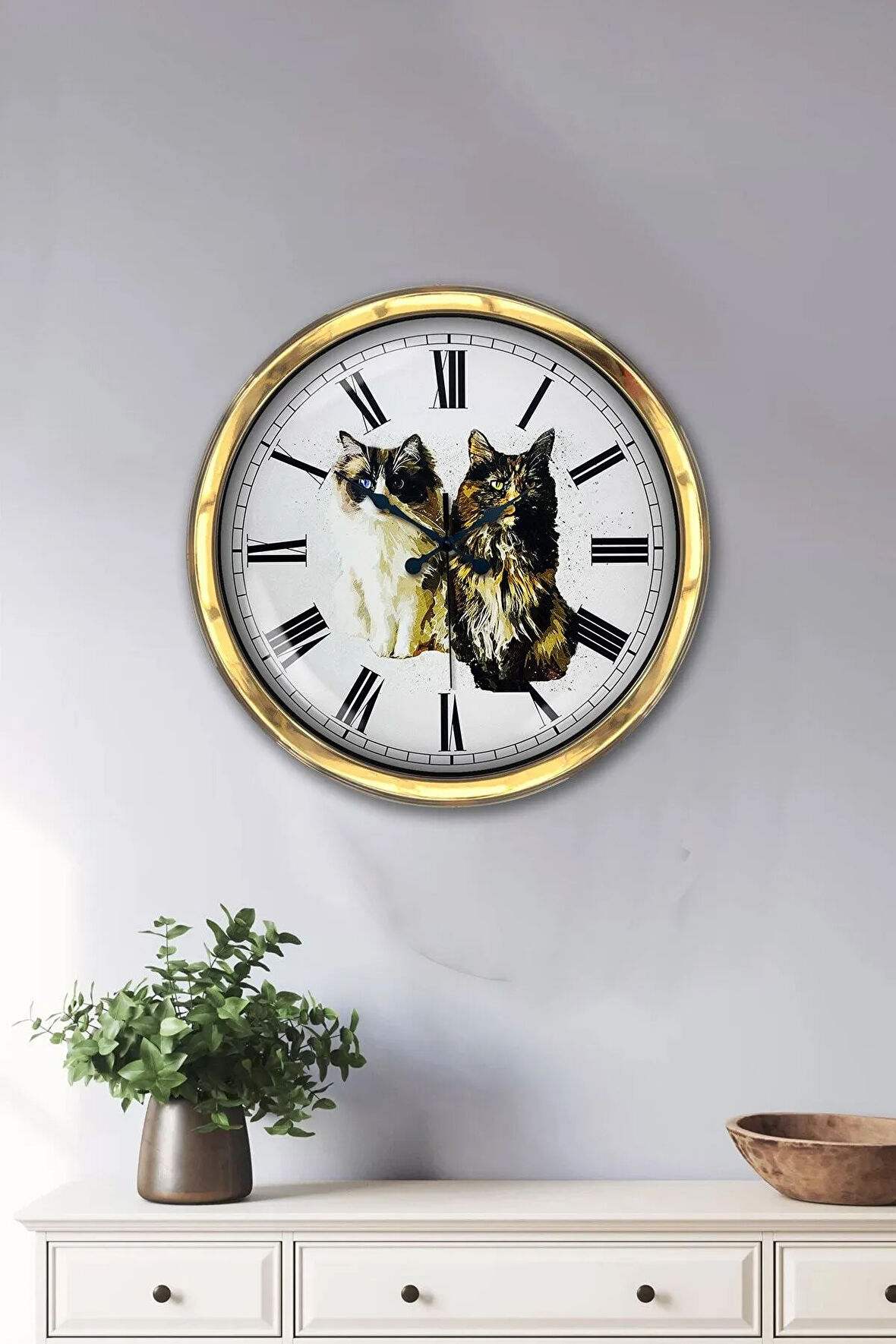 Hediyelik 40 Cm Gold Metal Kedi Duvar Saati