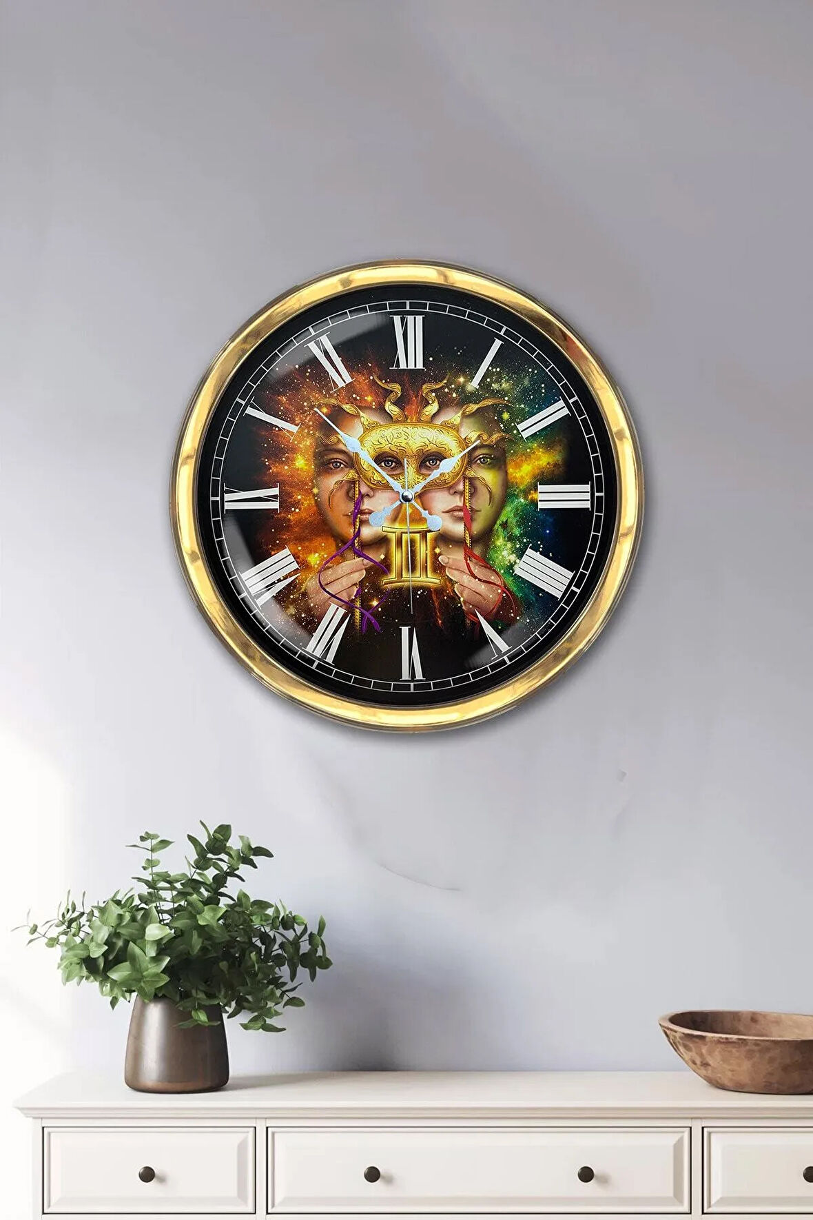 40 Cm Gold Metal Ikizler Burcu Duvar Saati