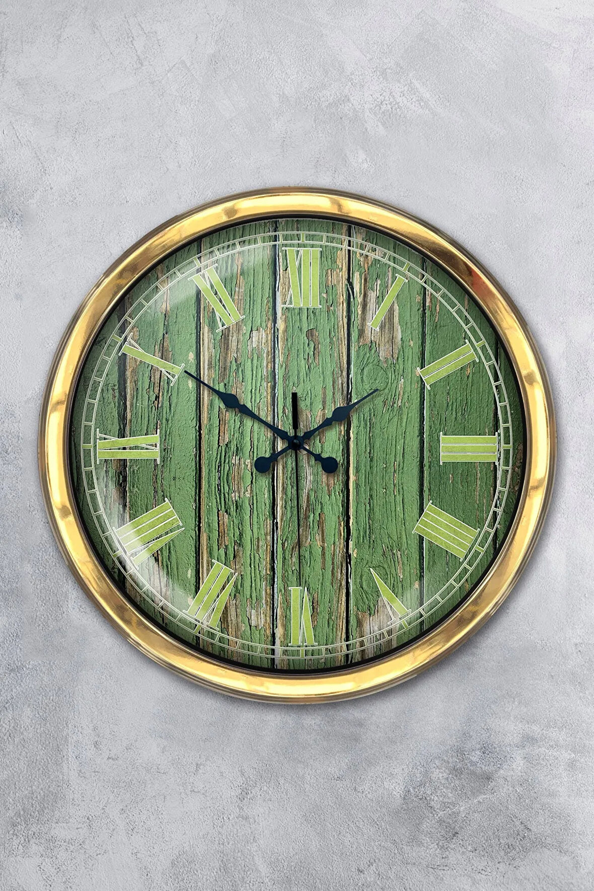 40 Cm Gold Metal Yeşil Desen Duvar Saati