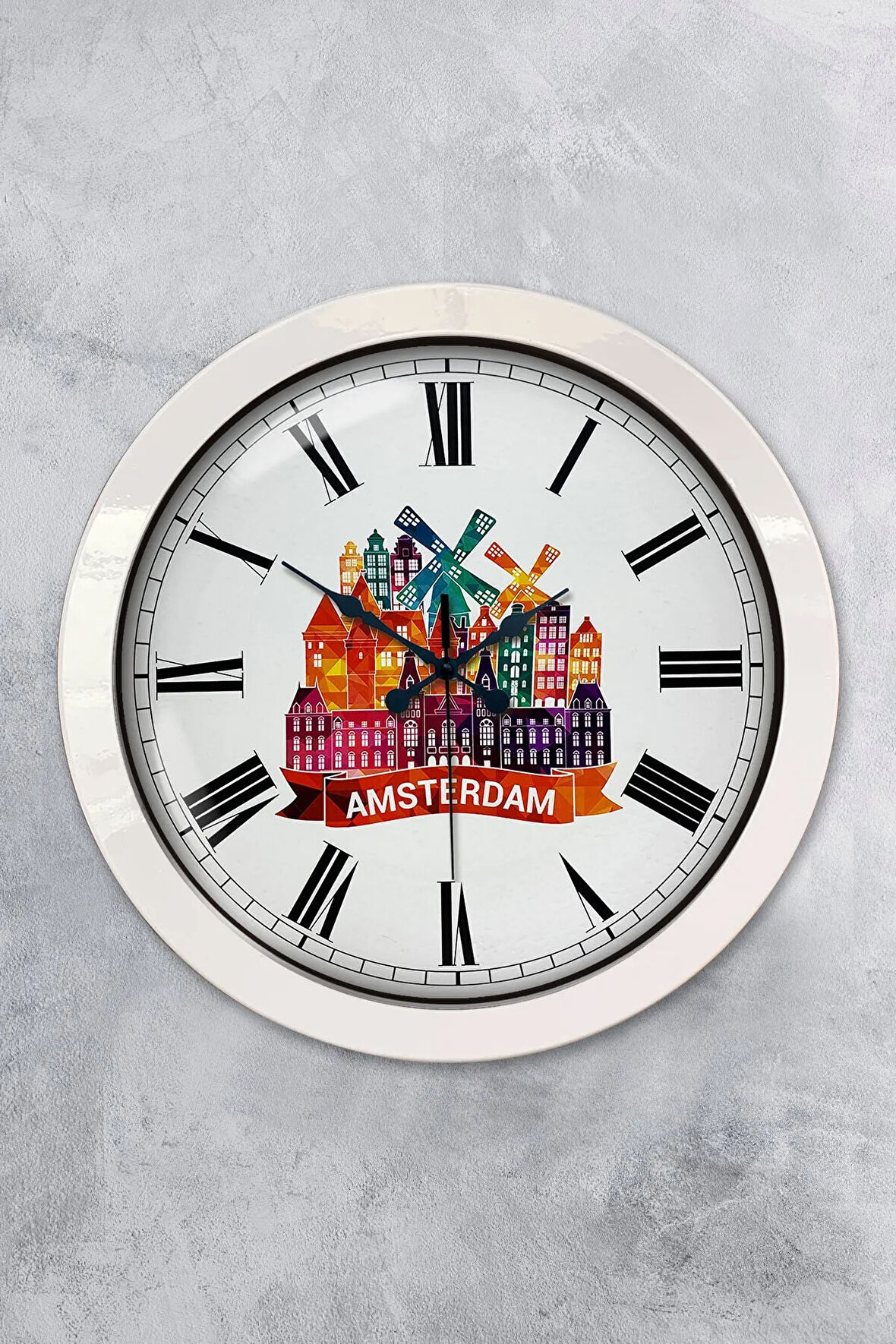 36 Cm Beyaz Metal Amsterdam Temalı Duvar Saati