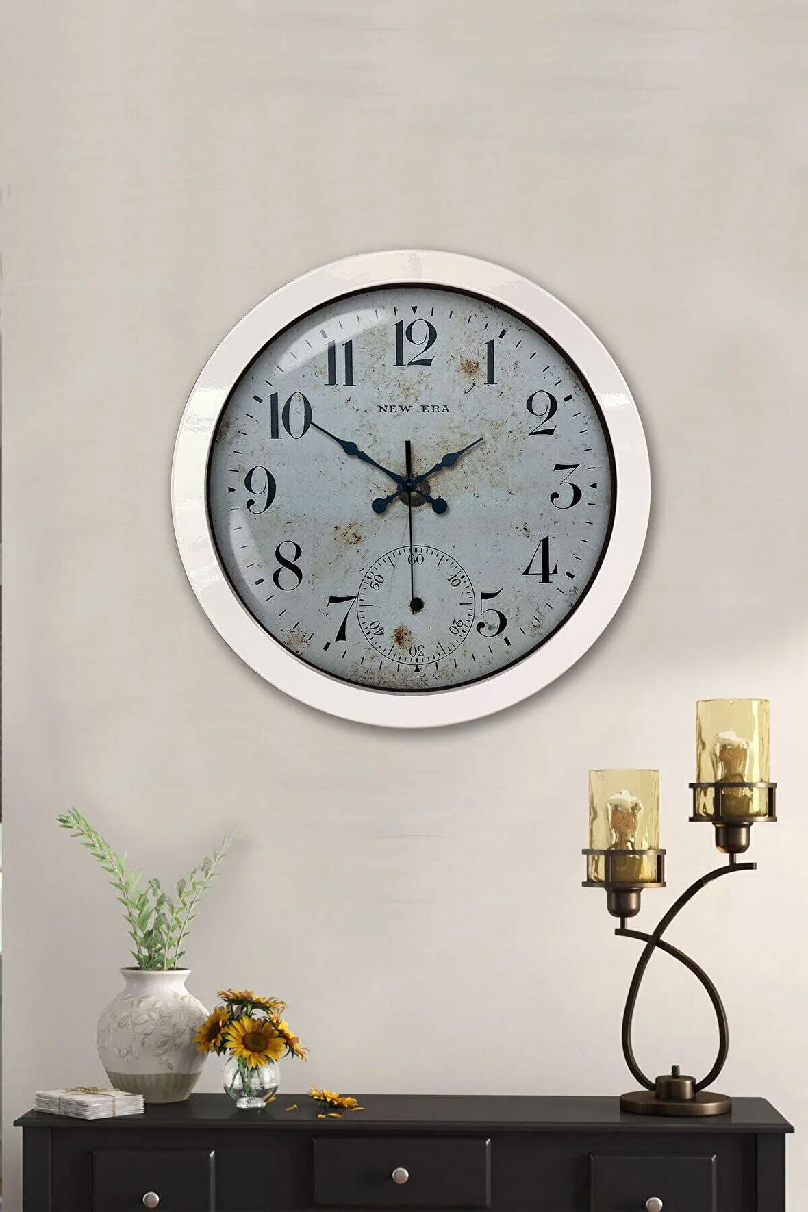 36 Cm Beyaz Metal Antik Eskitme Duvar Saati