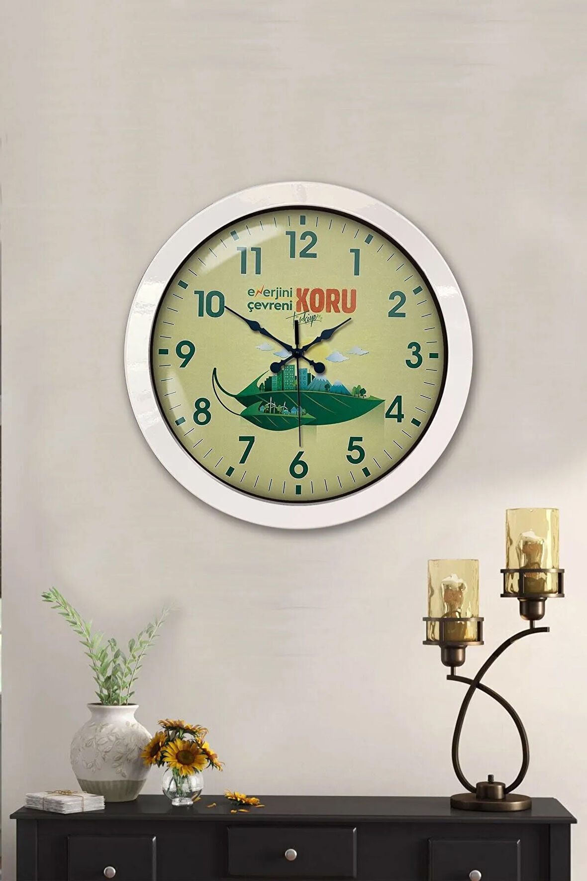 36 Cm Beyaz Metal Çevre Temalı Duvar Saati