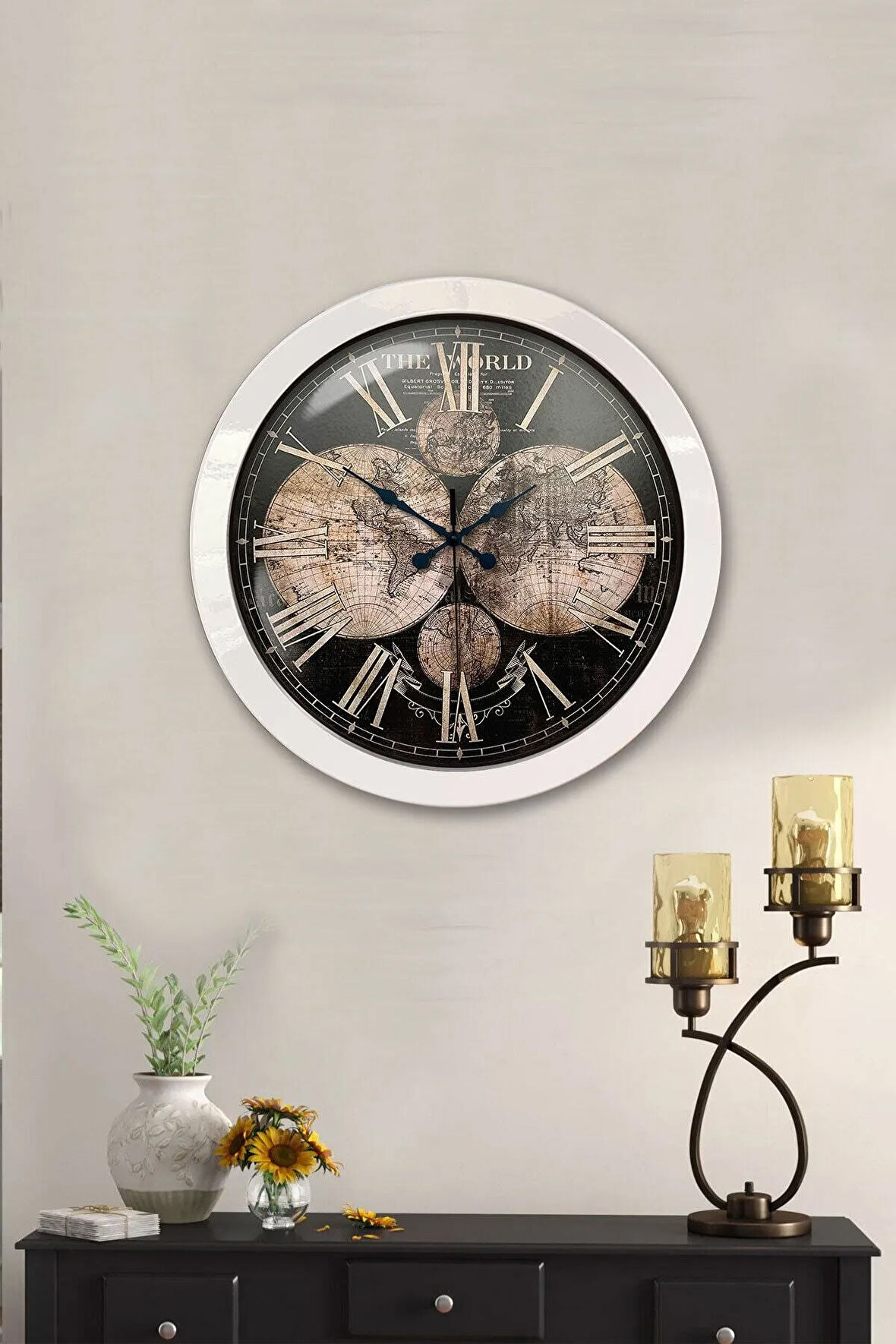 36 Cm Beyaz Metal Dünya Haritası Duvar Saati
