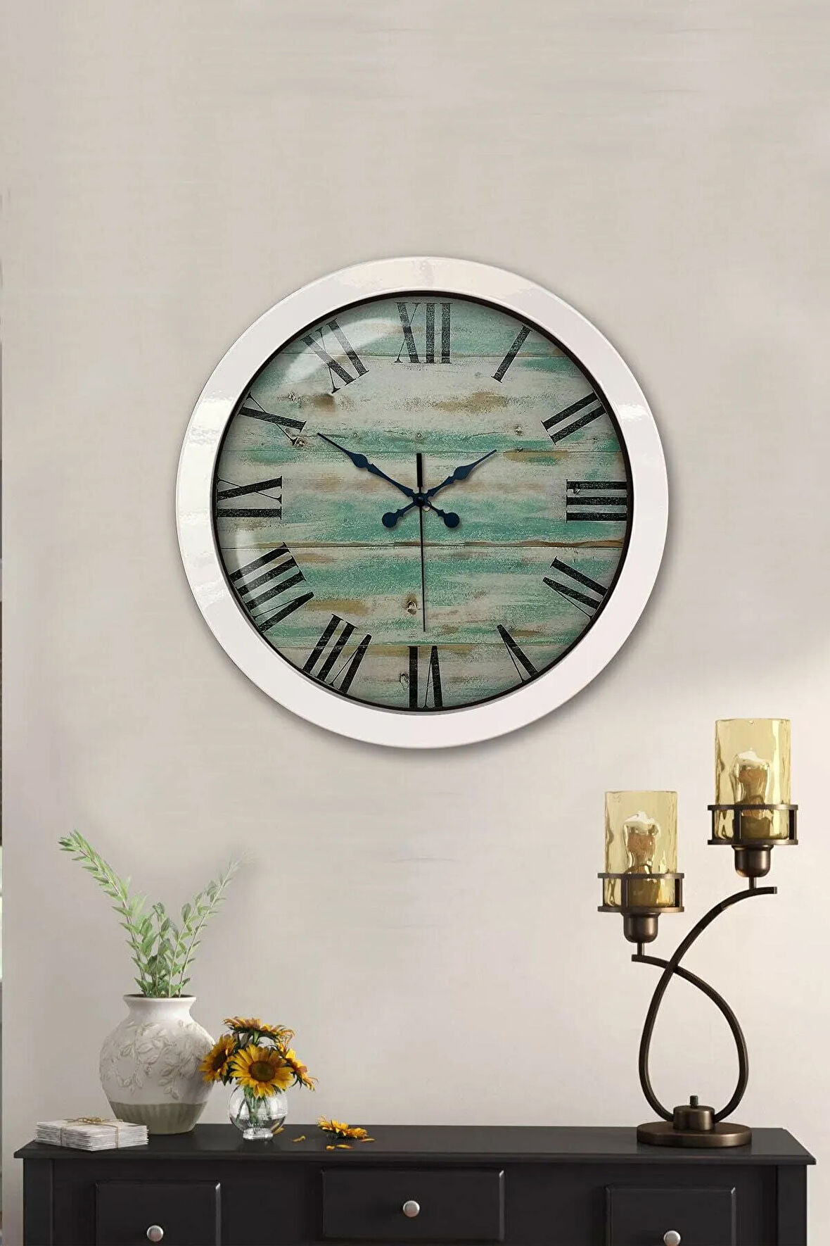 36 Cm Beyaz Metal Eskitme Romen Duvar Saati