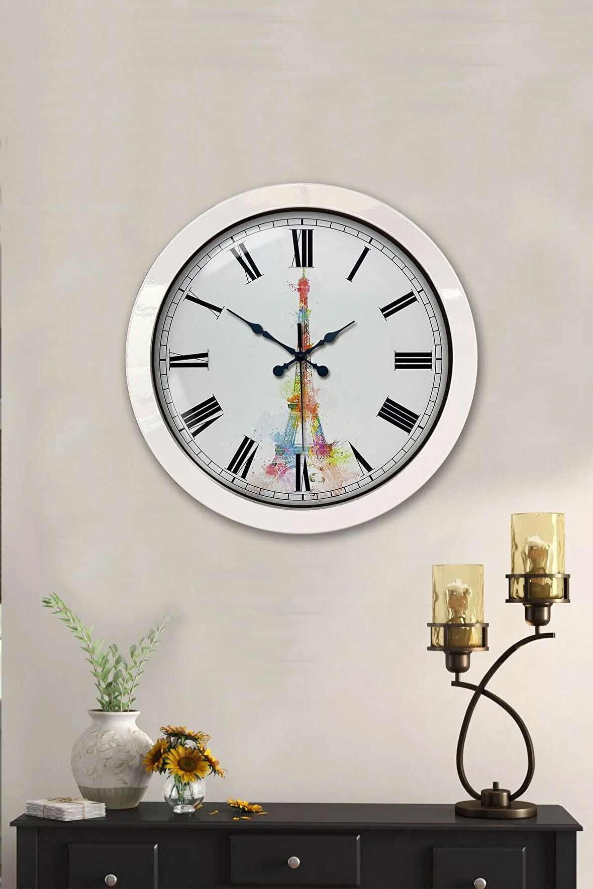 36 Cm Beyaz Metal Eyfel Kulesi Duvar Saati