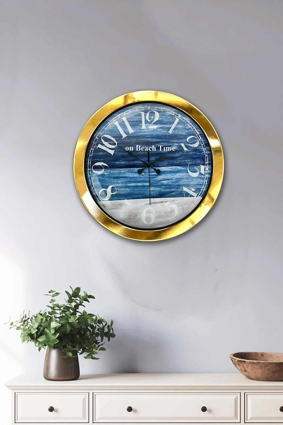 36 Cm Gold Metal Beach Time Duvar Saati
