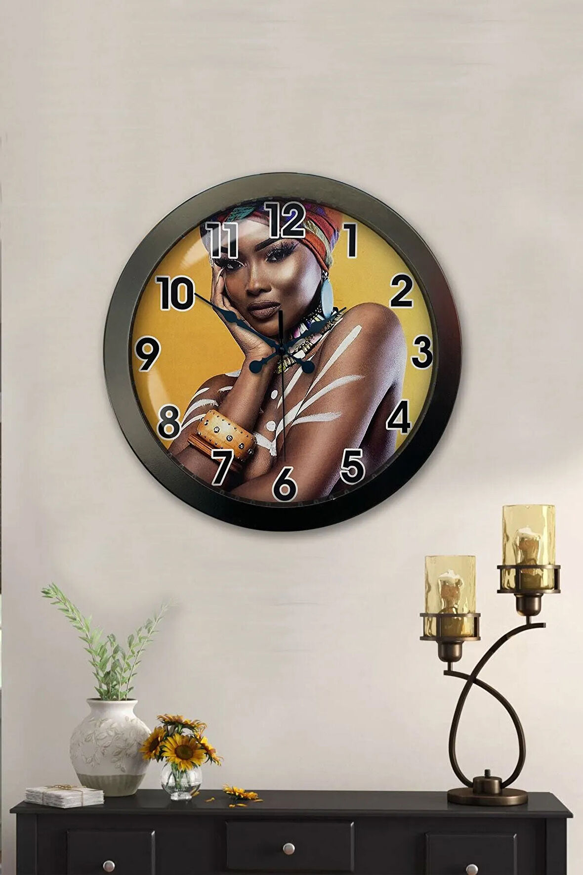 36 Cm Siyah Metal Afrikalı Kadın Duvar Saati