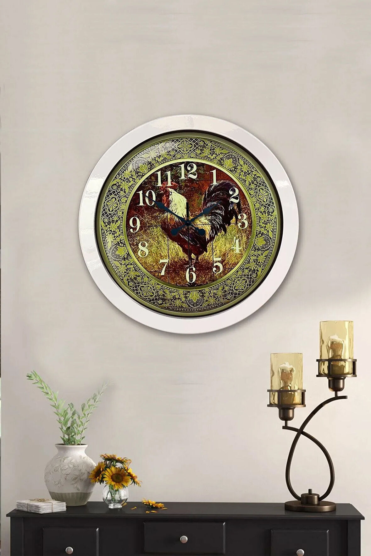 Hediyelik 36 Cm Beyaz Metal Horoz Duvar Saati