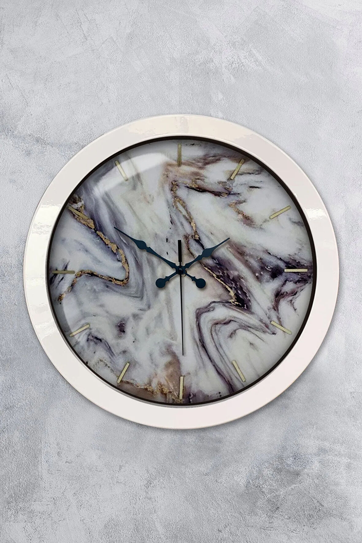 36 Cm Beyaz Metal Mermer Desenli Duvar Saati