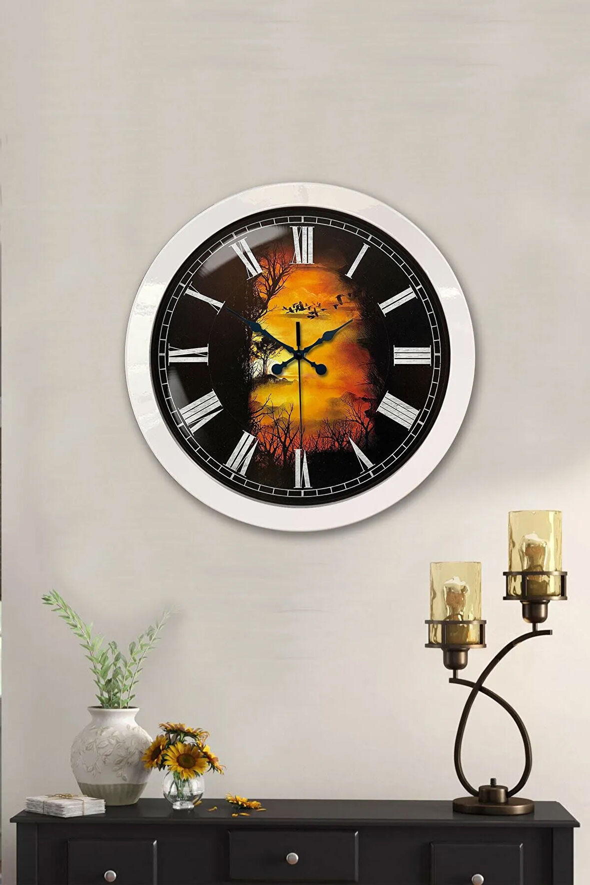 Hediyelik 36 Cm Beyaz Metal Manzara Duvar Saati