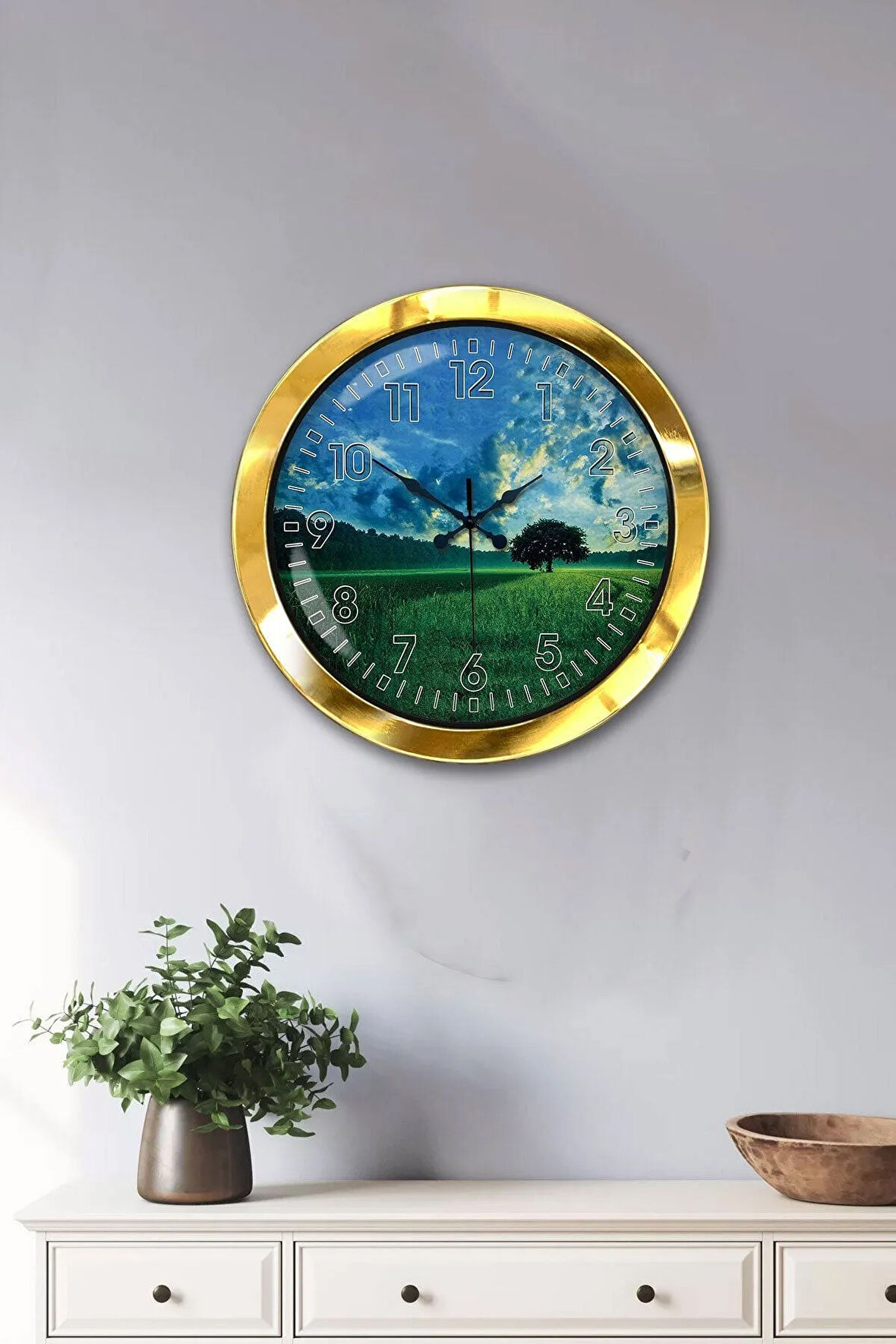 36 Cm Gold Metal Doğal Yaşam Duvar Saati