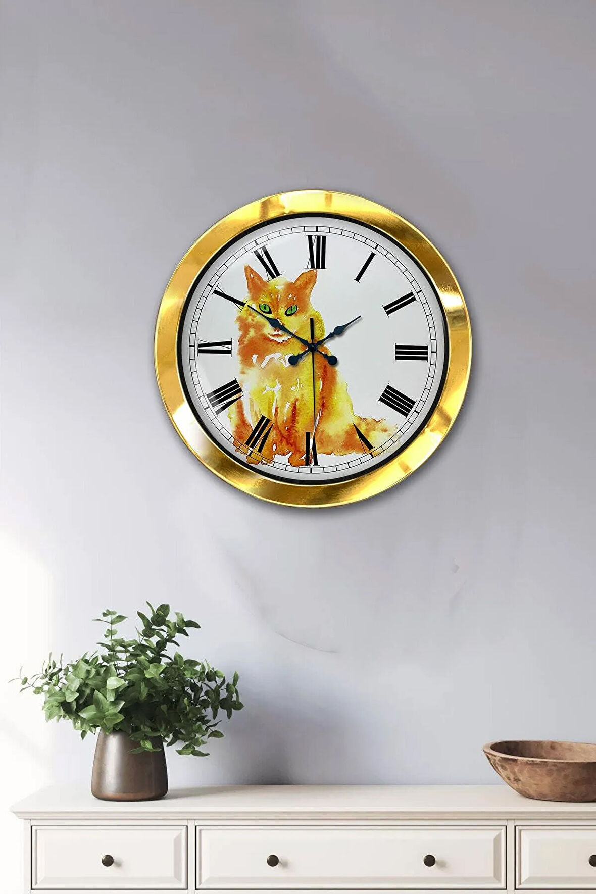 Hediyelik 36 Cm Gold Metal Kedi Duvar Saati