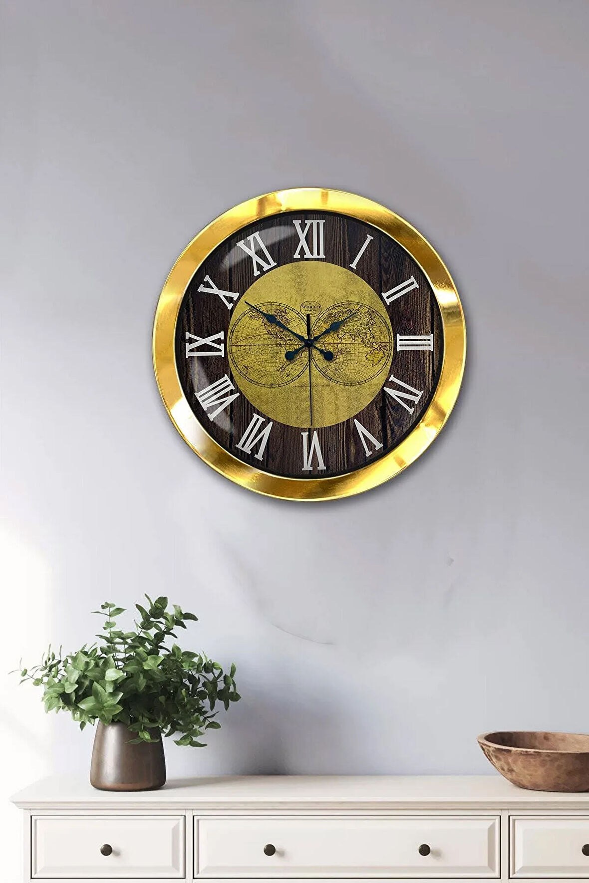 36 Cm Gold Metal World Maps Duvar Saati
